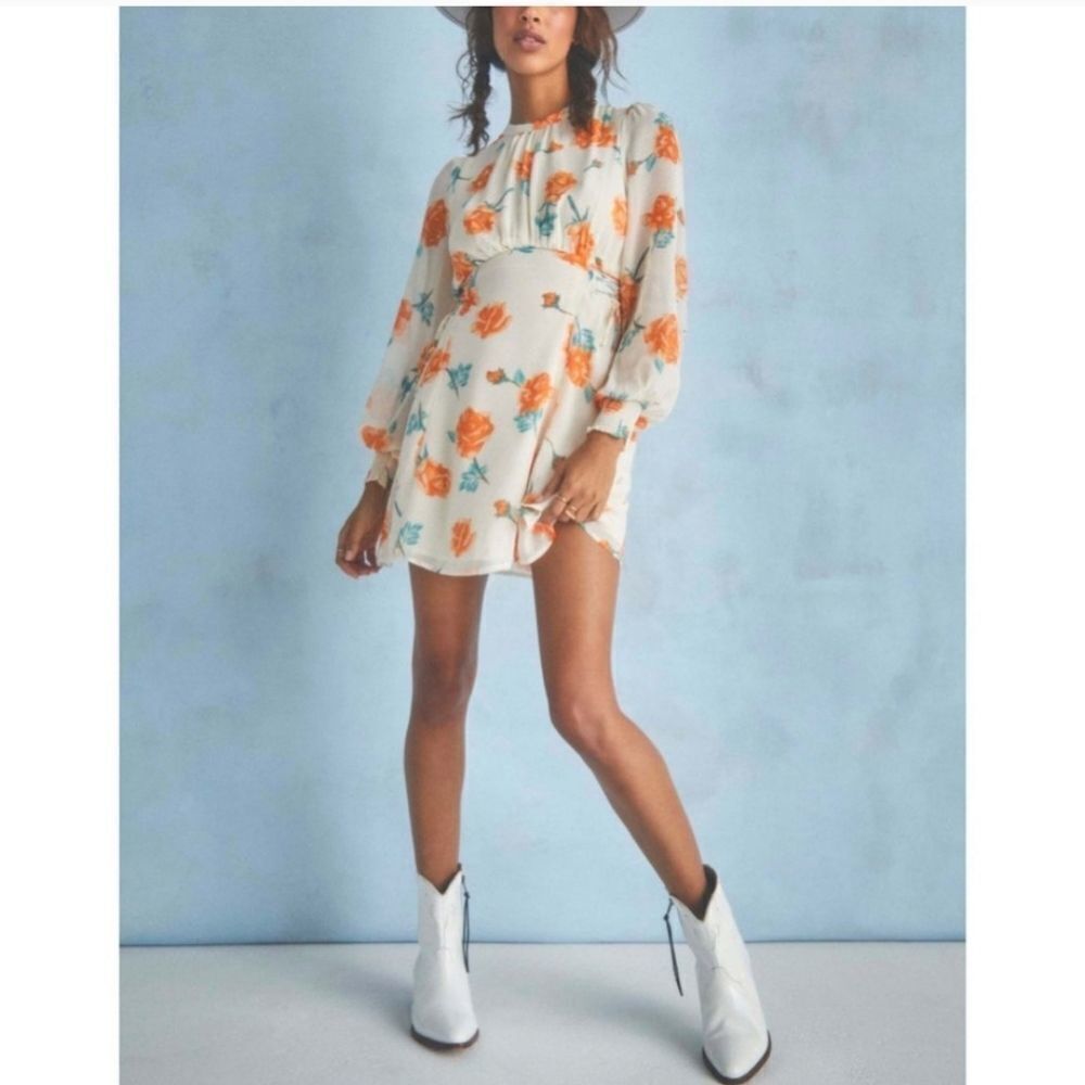 FREE PEOPLE SAMANTHA Print Long Sleeve Lace-up Minidress In Light Combo